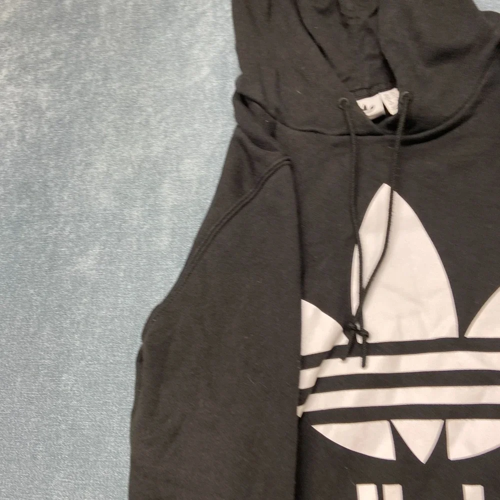 Adidas Trefoil Hoodie Mens M Black Graphic Logo Drawstring Ribbed Hem Pullover